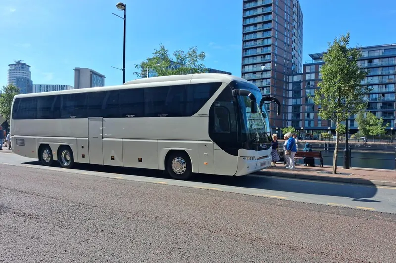 Leap Travel 55-seat Tourliner coach at Salford Quays